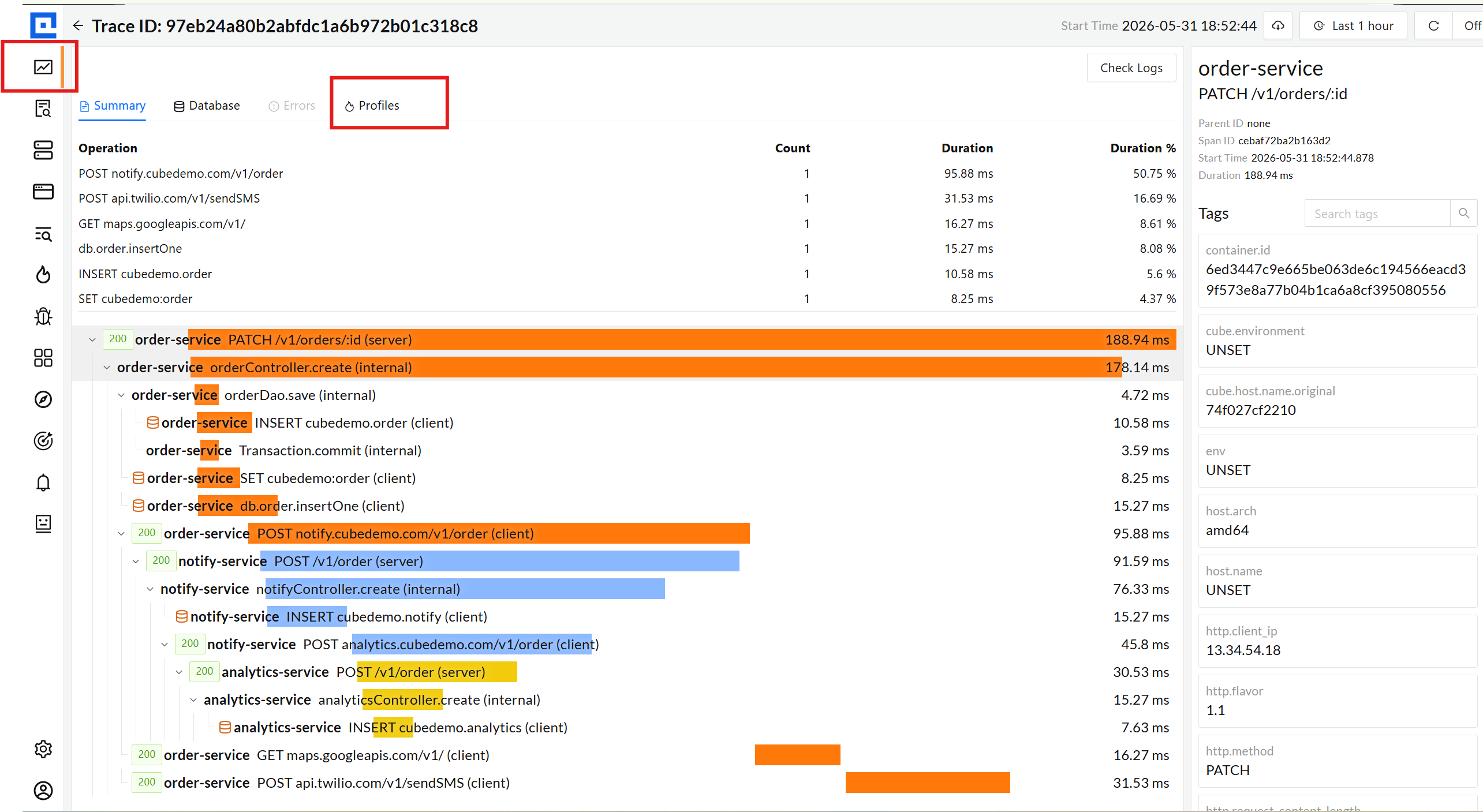 Profiles tab on trace inspect